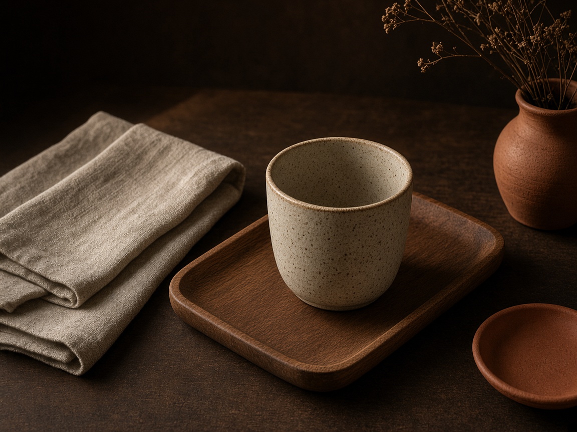 Warm ceramic cup, linen cloth, and wood tray still life in terracotta tones