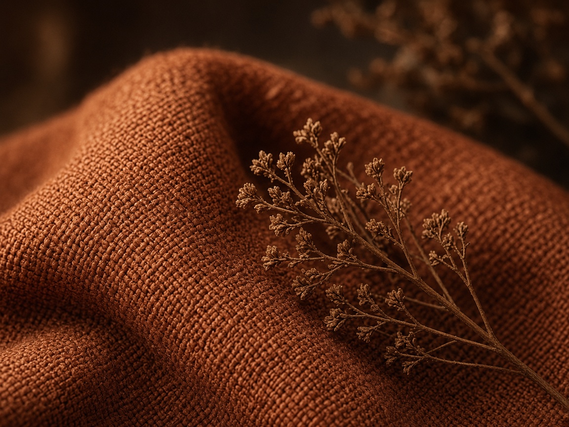 Terracotta textile and botanical detail in editorial light