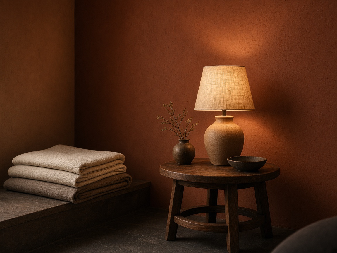 Treatment room still life with folded linens and warm lamp light